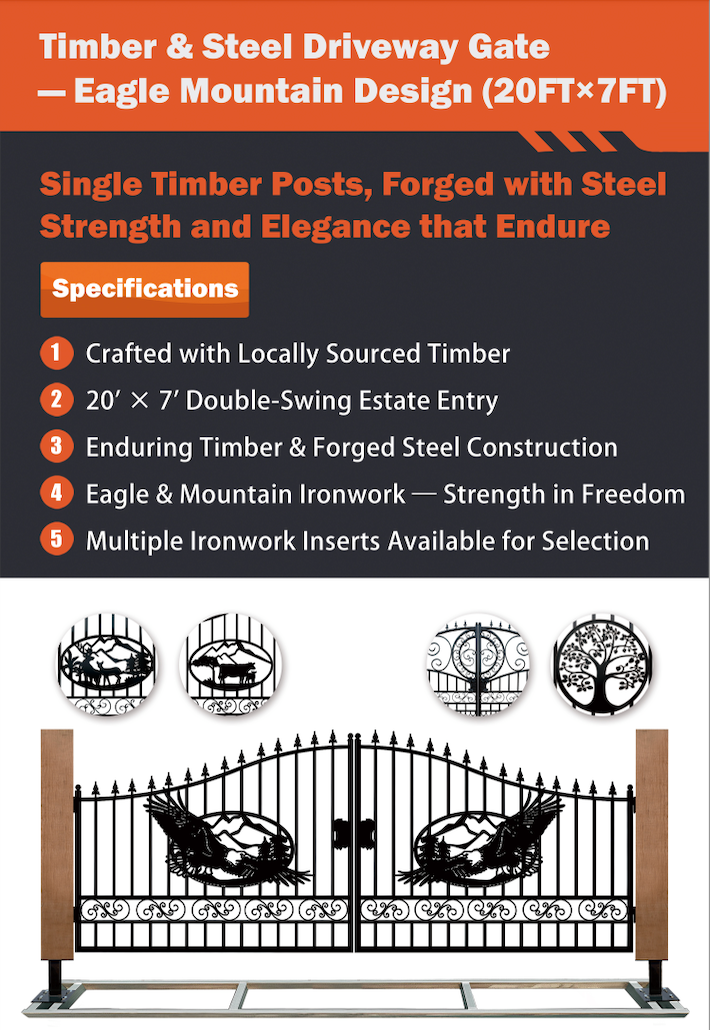 Single Timber Posts Metal Driveway Gate – Eagle Mountain Design
