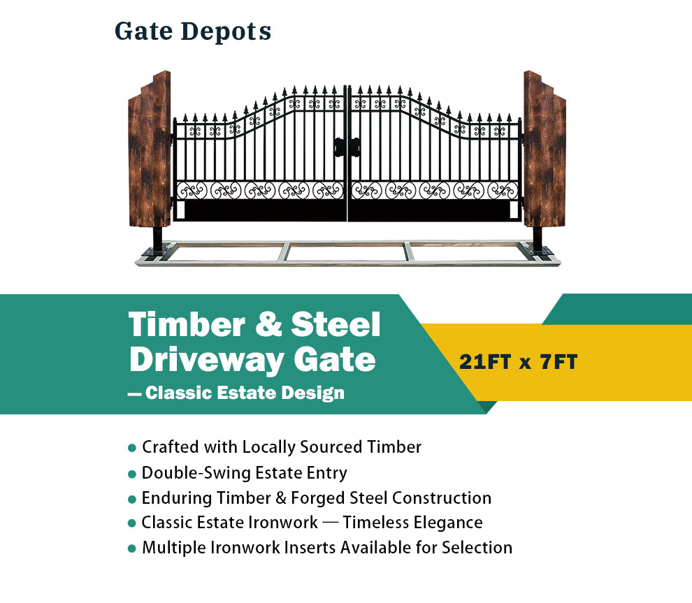 Triple Timber Posts Metal Driveway Gate – Classic Estate /Plain Design