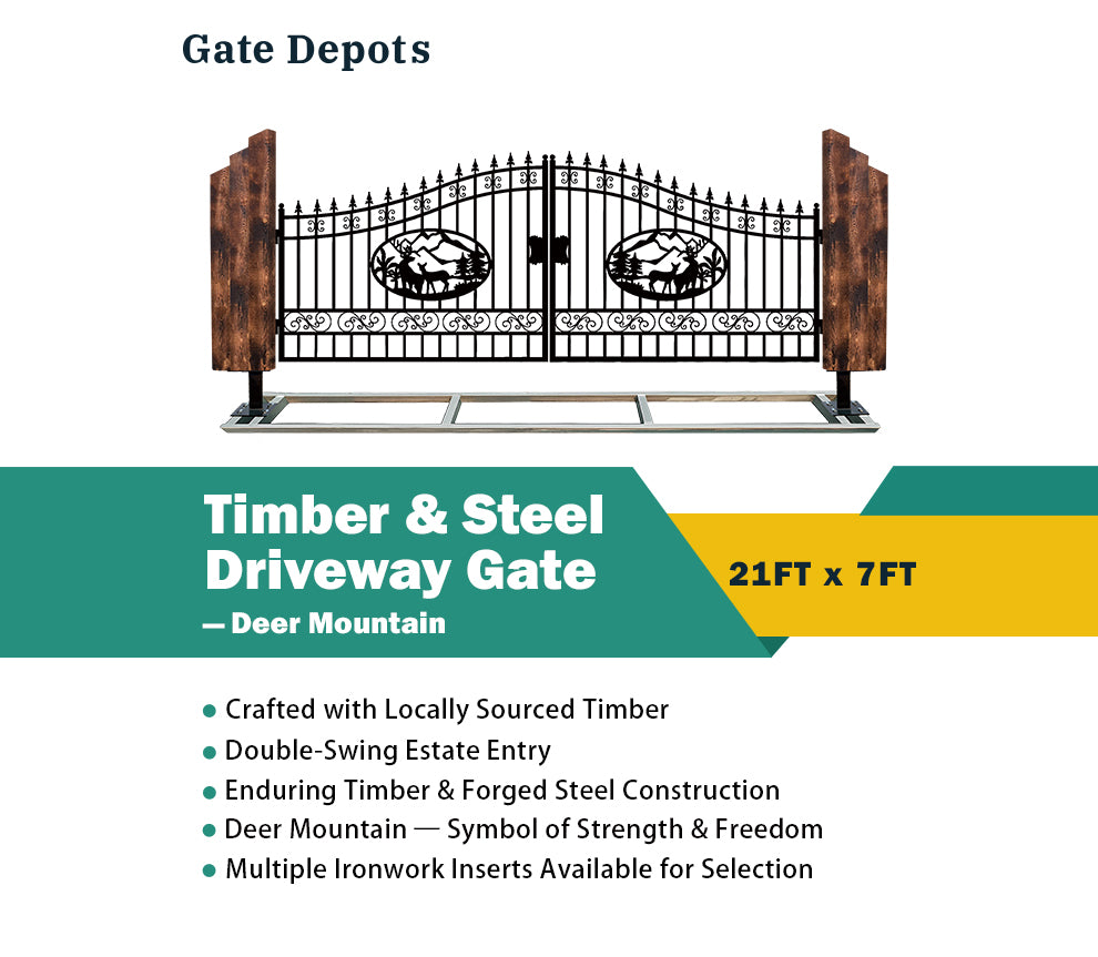 Triple Timber Posts Metal Driveway Gate – Deer Mountain Design