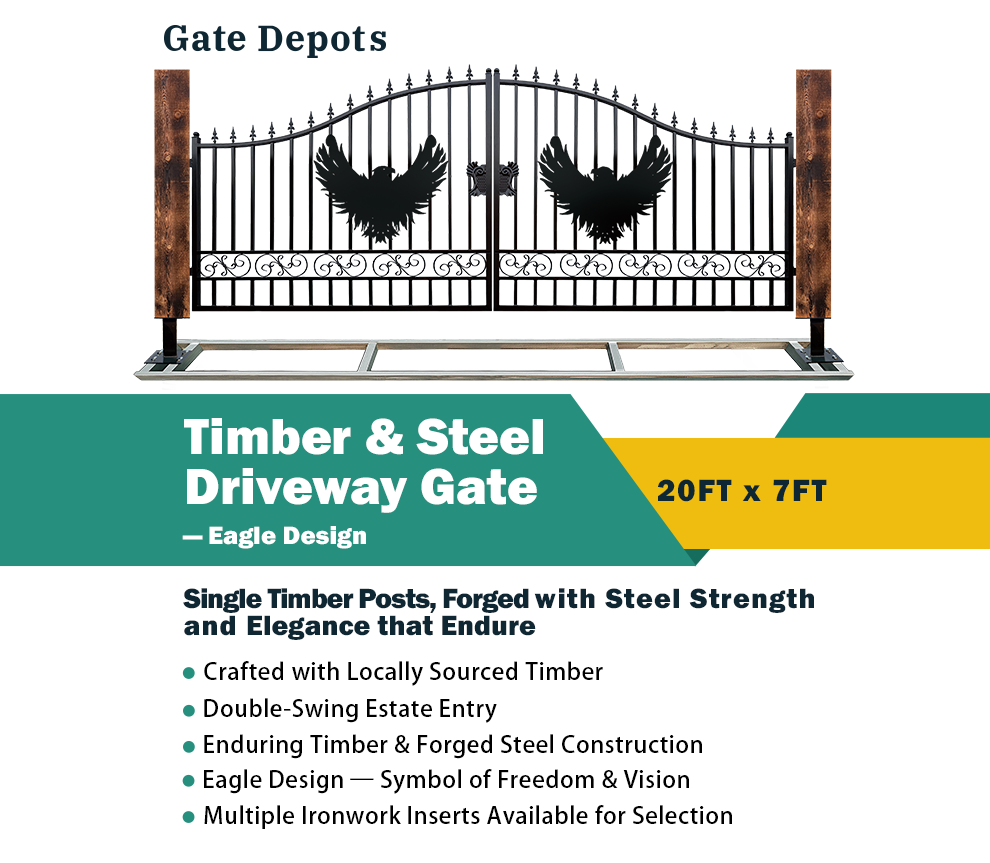 Single Timber Posts Metal Driveway Gate – Eagle Design