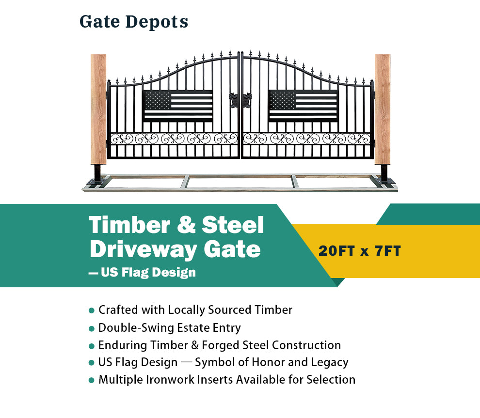Single Timber Posts Metal Driveway Gate – US Flag Design