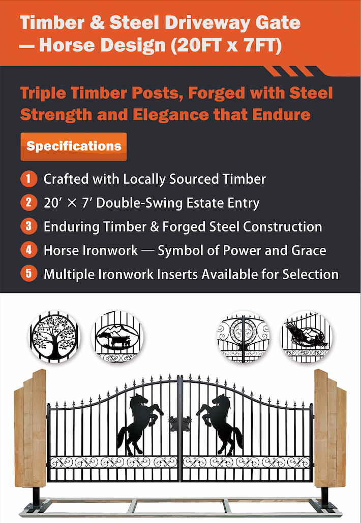 Triple Timber Posts Metal Driveway Gate – Horse Design