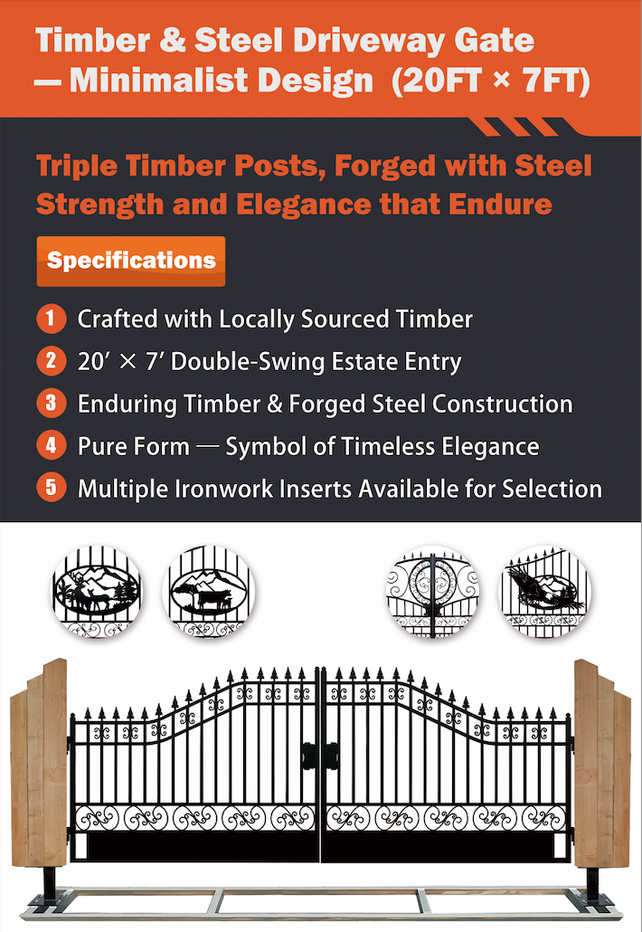 Triple Timber Posts Metal Driveway Gate – Minimalist Design