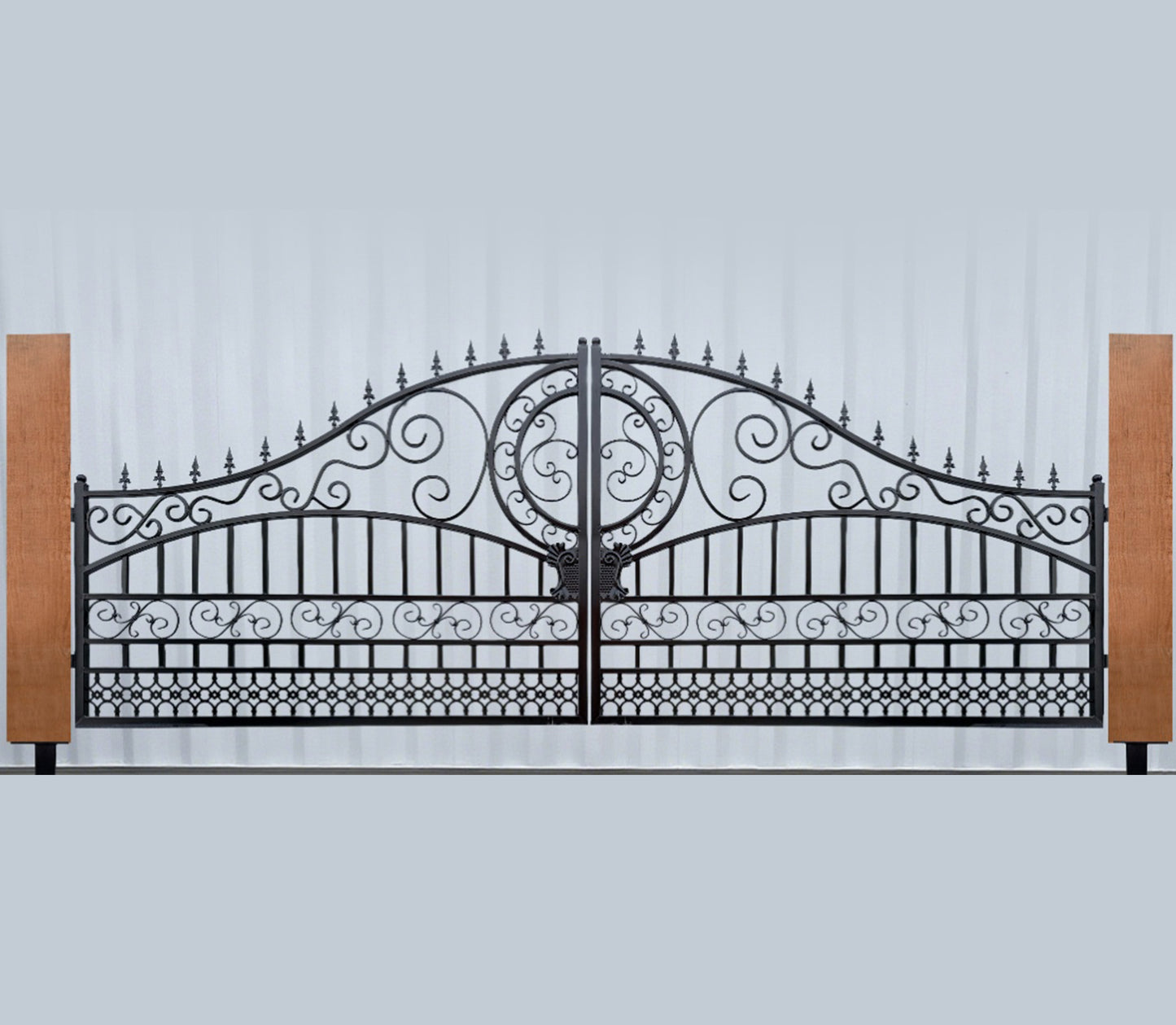 Single Timber Posts Metal Driveway Gate – Scrollwork Construction