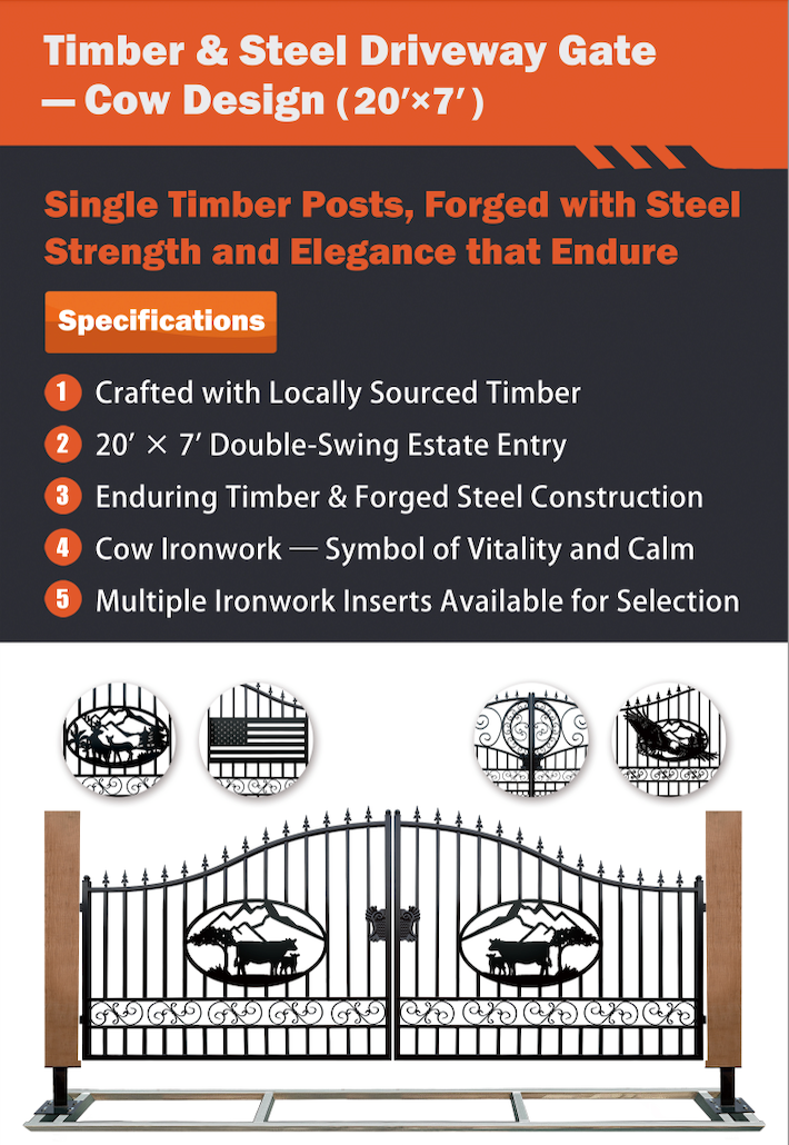 Single Timber Posts Metal Driveway Gate – Cow Design
