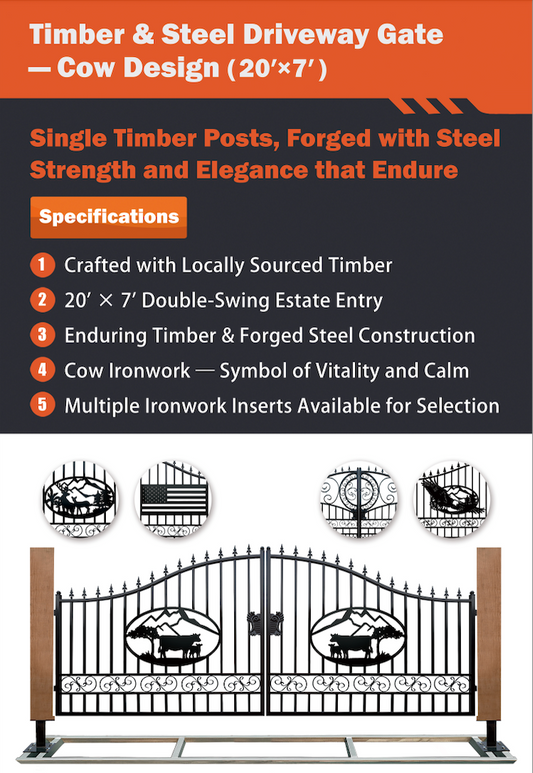 Single Timber Posts Metal Driveway Gate – Cow Design