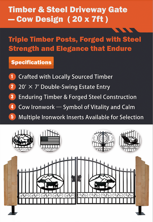 Triple Timber Posts Metal Driveway Gate – Cow Design