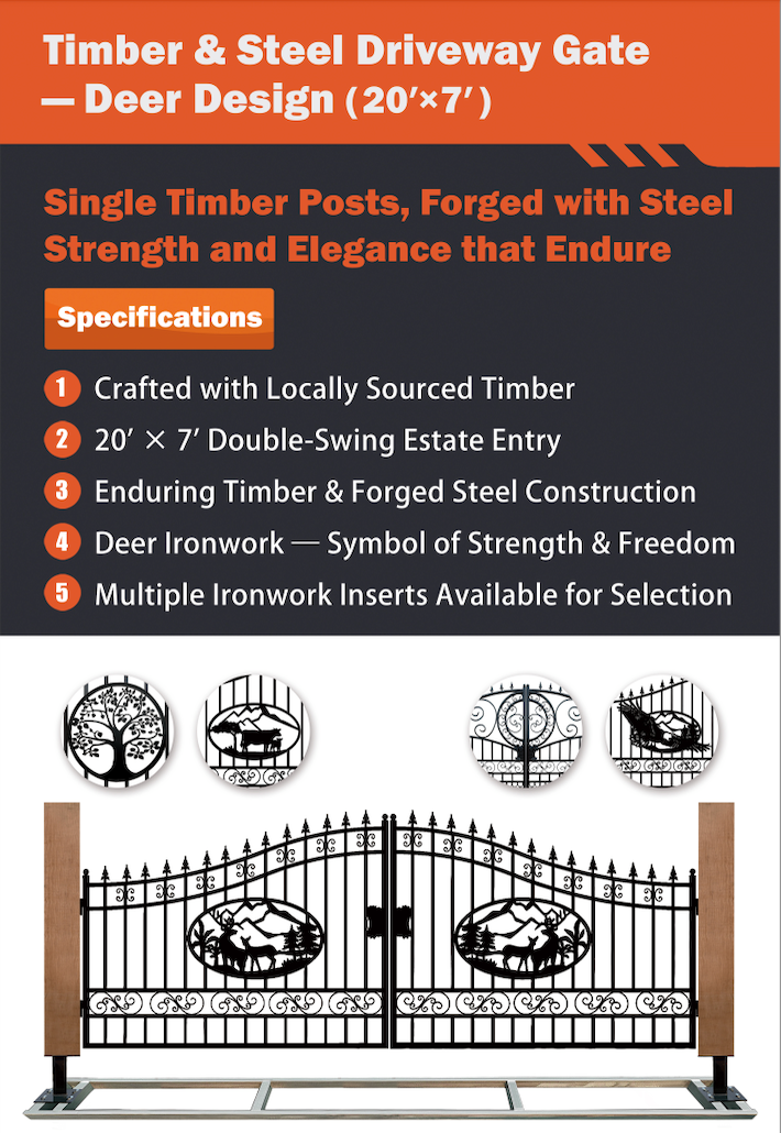 Single Timber Posts Metal Driveway Gate – Deer Design