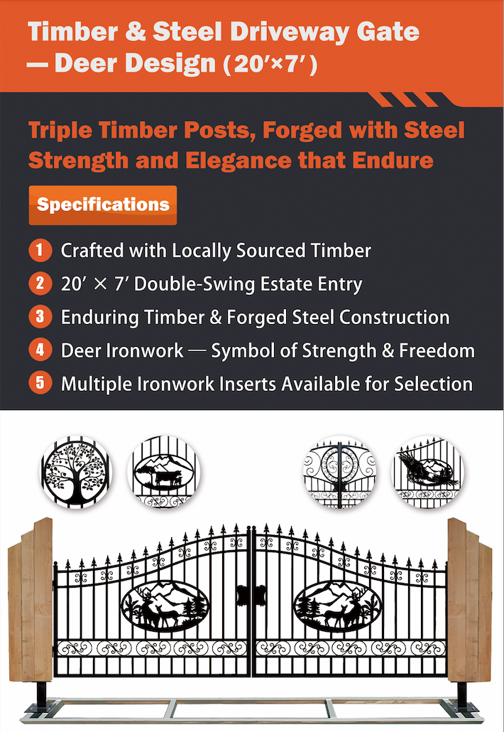 Triple Timber Posts Metal Driveway Gate – Deer Design