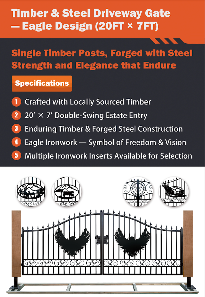 Single Timber Posts Metal Driveway Gate – Eagle Design
