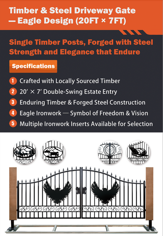 Single Timber Posts Metal Driveway Gate – Eagle Design