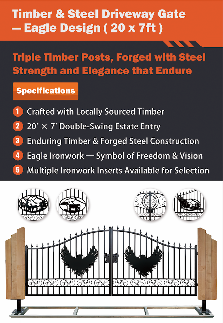 Triple Timber Posts Metal Driveway Gate – Eagle Design