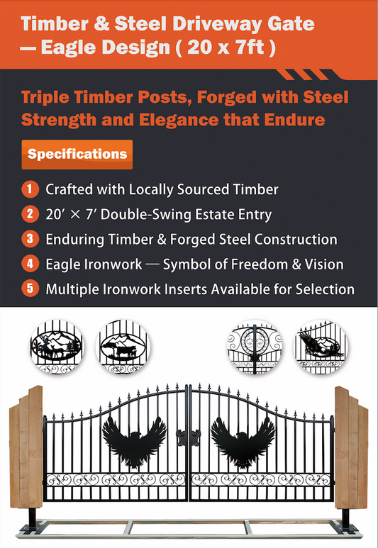 Triple Timber Posts Metal Driveway Gate – Eagle Design