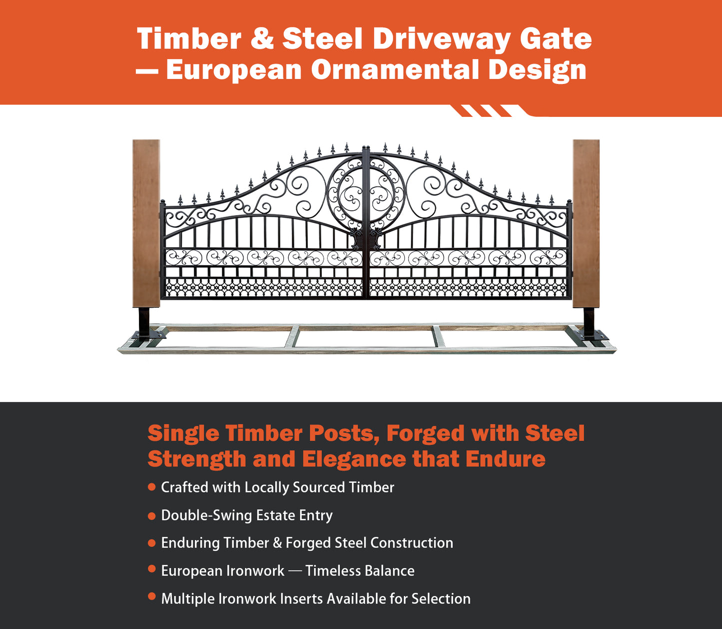 Single Timber Posts Metal Driveway Gate – Scrollwork Construction
