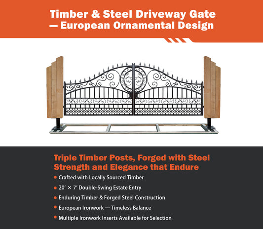 Triple Timber Posts Metal Driveway Gate – Scrollwork Construction