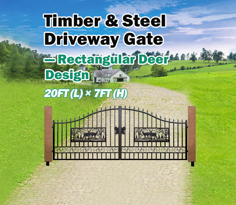 Single Timber Posts Metal Driveway Gate – Rectangular Deer