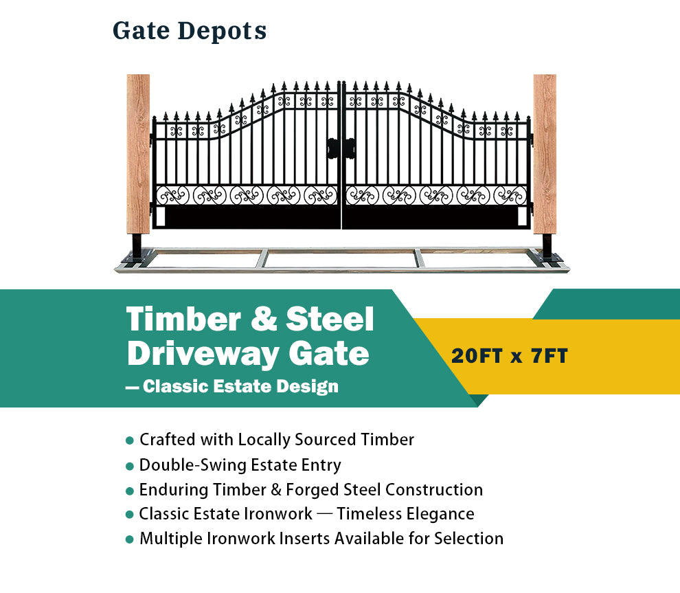 Single Timber Posts Metal Driveway Gate – Classic Estate /Plain Design
