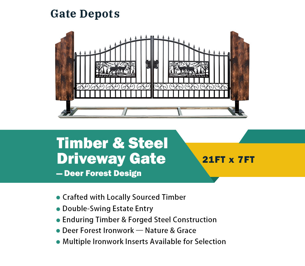 Triple Timber Posts Metal Driveway Gate – Deer Mountain