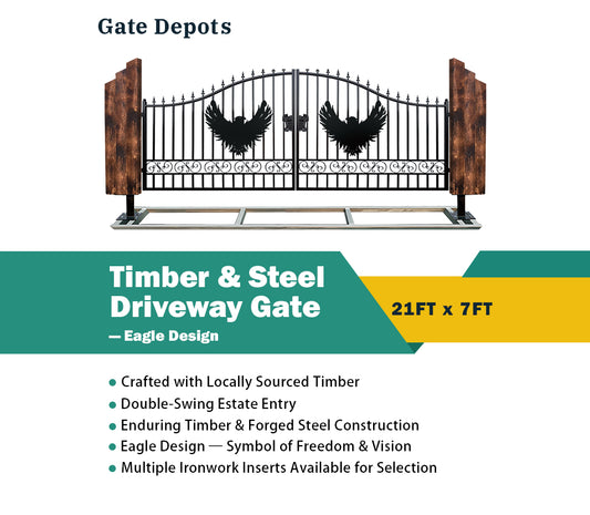 Triple Timber Posts Metal Driveway Gate – Eagle Design