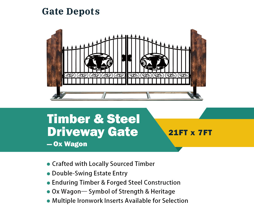 Triple Timber Posts Metal Driveway Gate – Ox Wagon Design