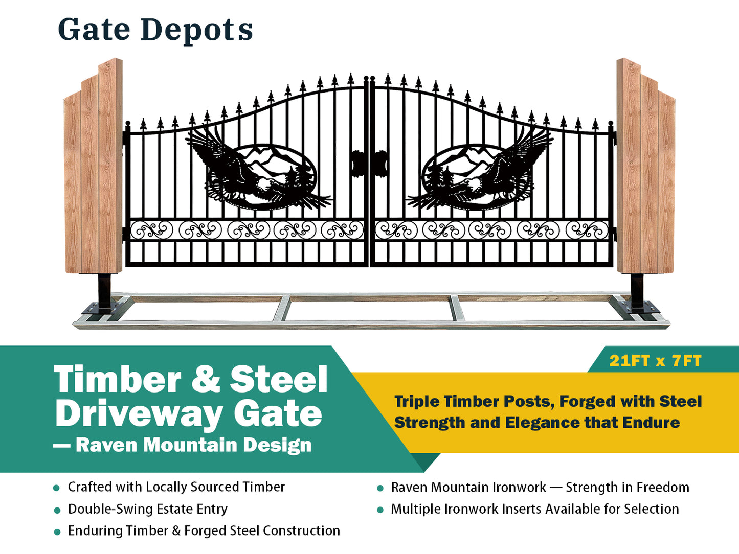 Triple Timber Posts Metal Driveway Gate – Raven Mountain Design