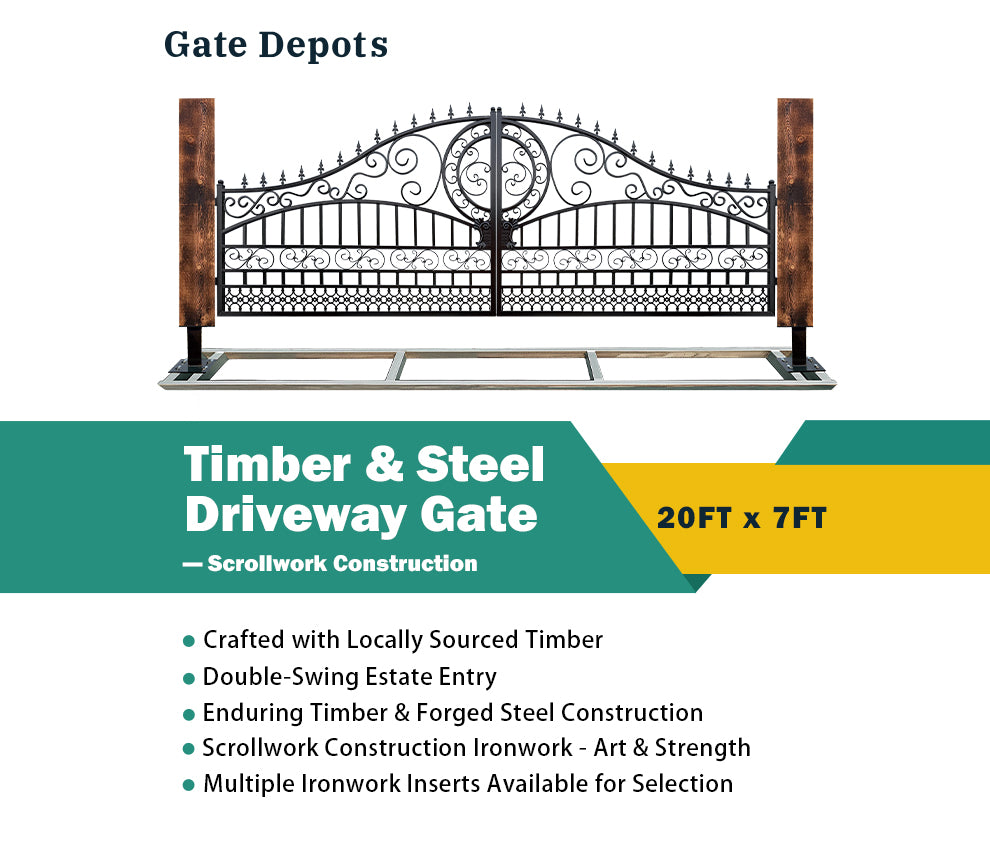 Single Timber Posts Metal Driveway Gate – Scrollwork Construction