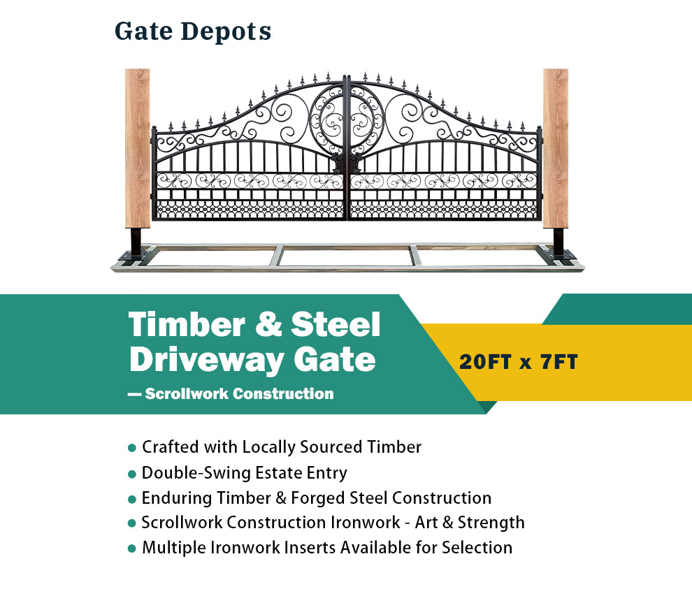 Single Timber Posts Metal Driveway Gate – Scrollwork Construction