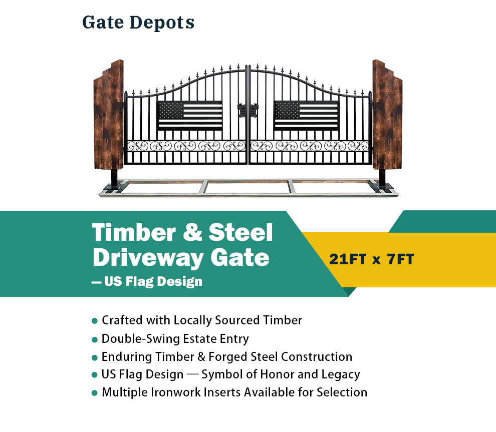 Triple Timber Posts Metal Driveway Gate – US Flag Design