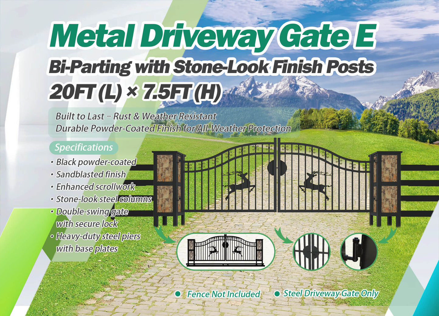 20 × 8 ft Dual Swing Driveway Gate with Ornamental Posts