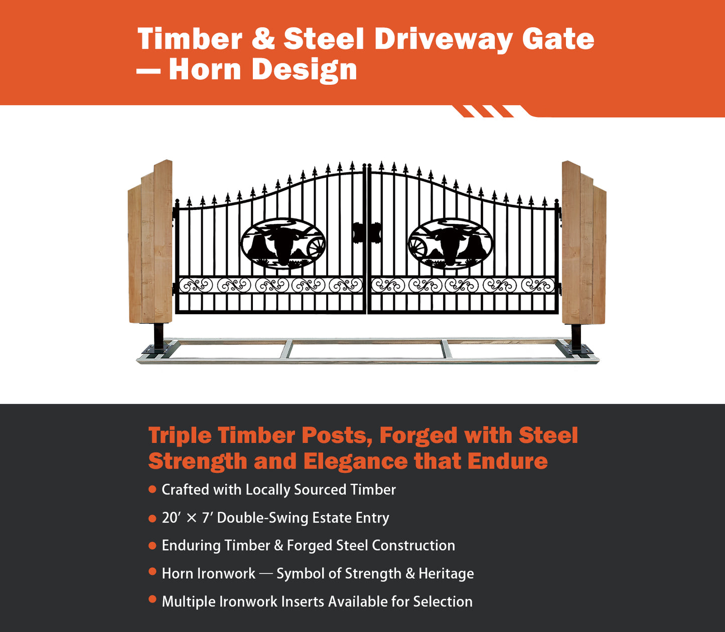 Triple Timber Posts Metal Driveway Gate – Cow Head Design