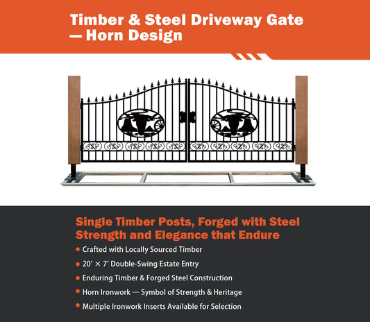 Single Timber Posts Metal Driveway Gate – Cow Head Design