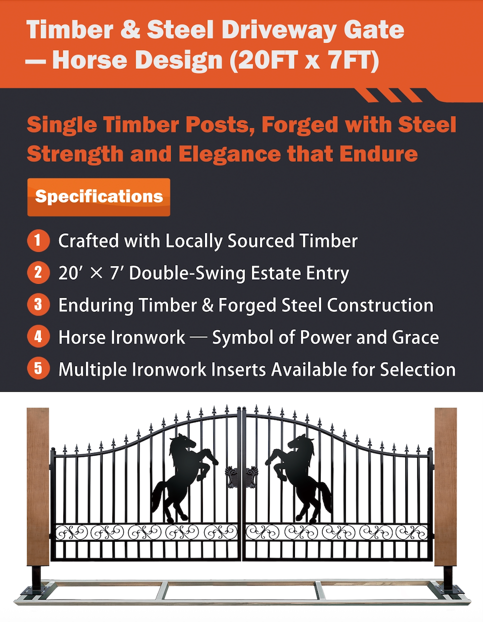 Single Timber Post Metal Driveway Gate – Horse Design