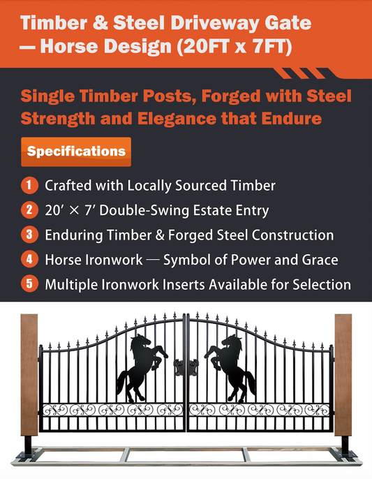 Single Timber Post Metal Driveway Gate – Horse Design