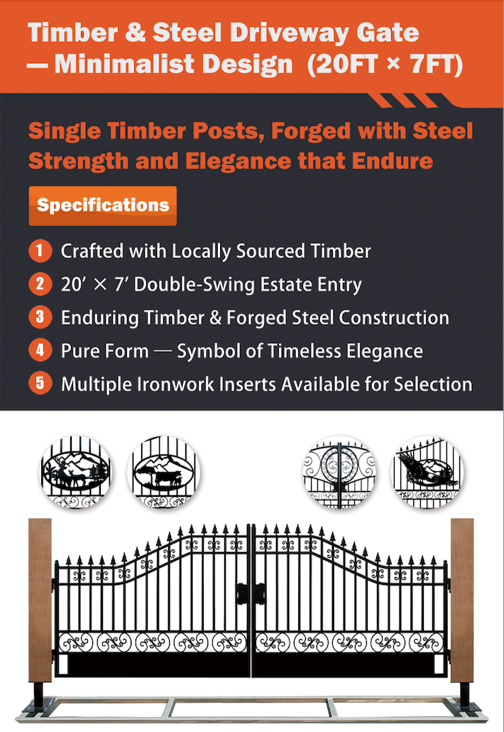 Single Timber Posts Metal Driveway Gate – Minimalist Design – Gate Depots