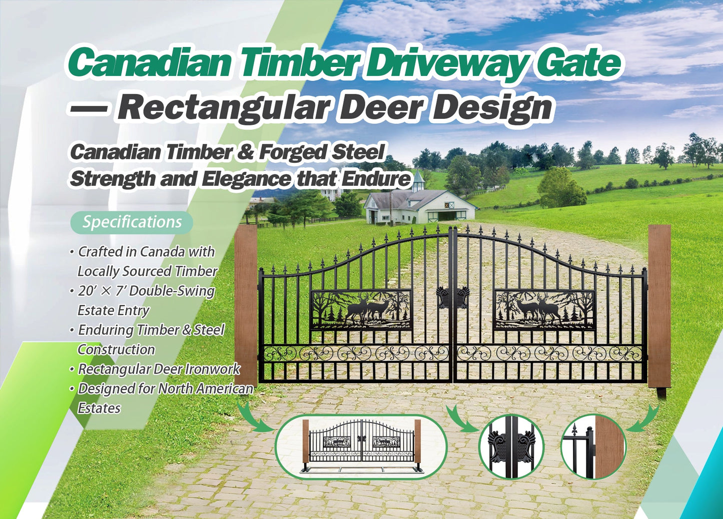 Single Timber Posts Metal Driveway Gate – Rectangular Deer