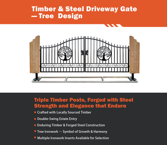 Triple Timber Posts Metal Driveway Gate – Tree of Life
