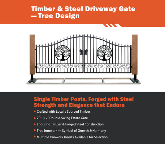 Single Timber Post Metal Driveway Gate – Tree of Life