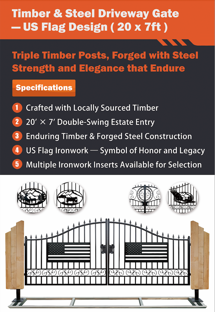 Triple Timber Posts Metal Driveway Gate – US Flag Design