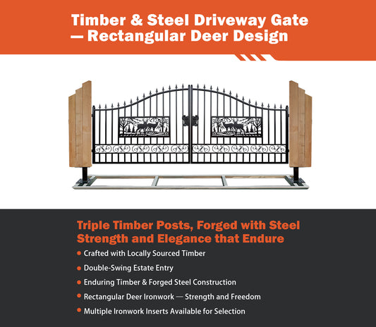 Triple Timber Posts Metal Driveway Gate – Rectangular Deer Style