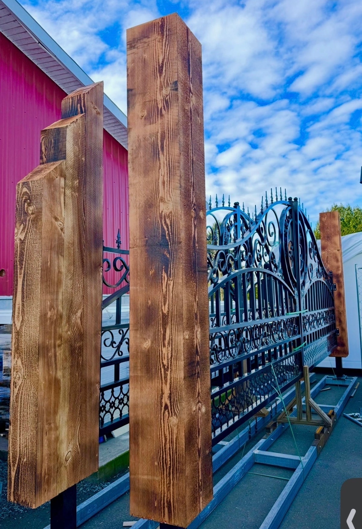 Single Timber Posts Metal Driveway Gate – Scrollwork Construction