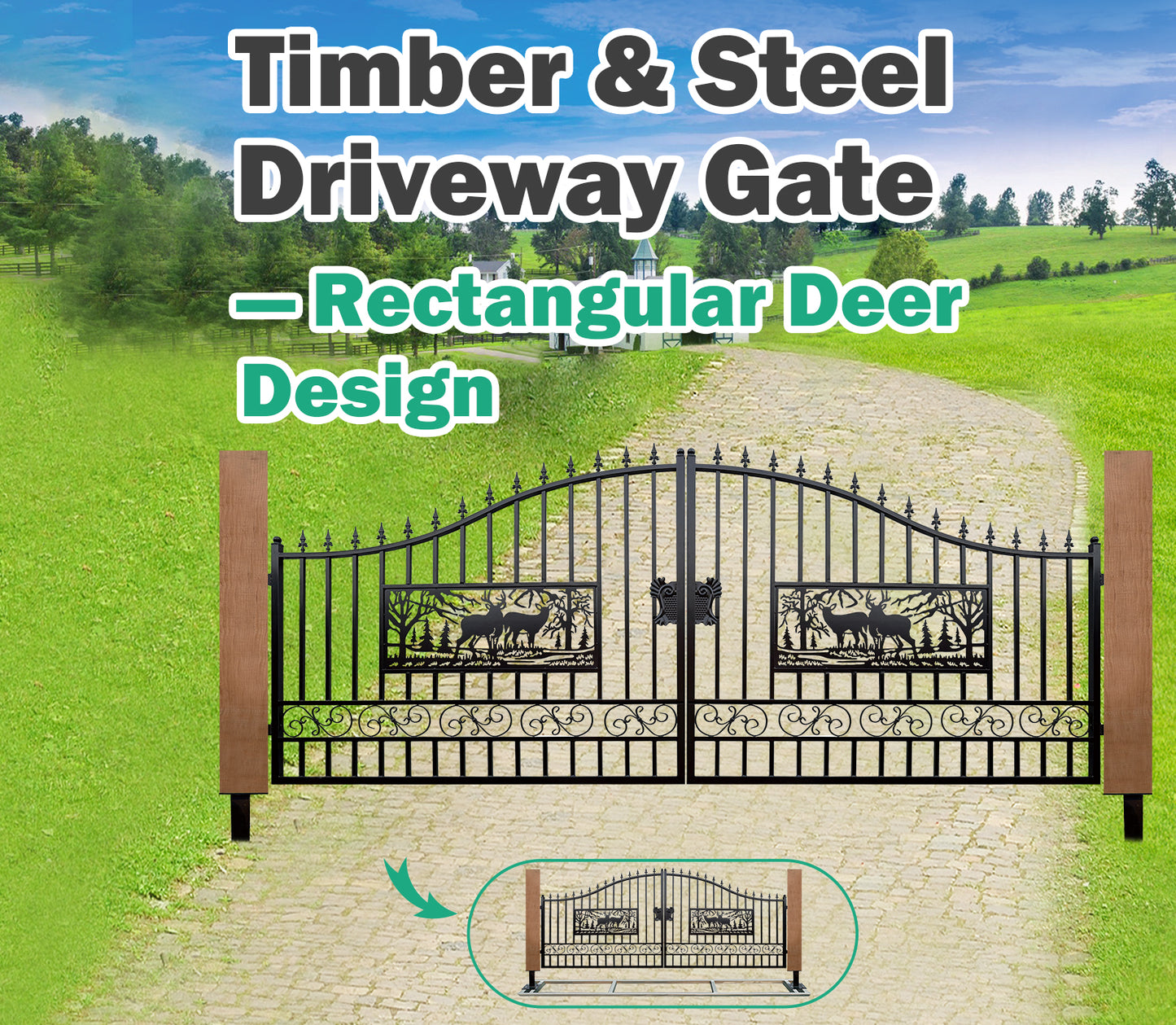 Single Timber Posts Metal Driveway Gate – Rectangular Deer