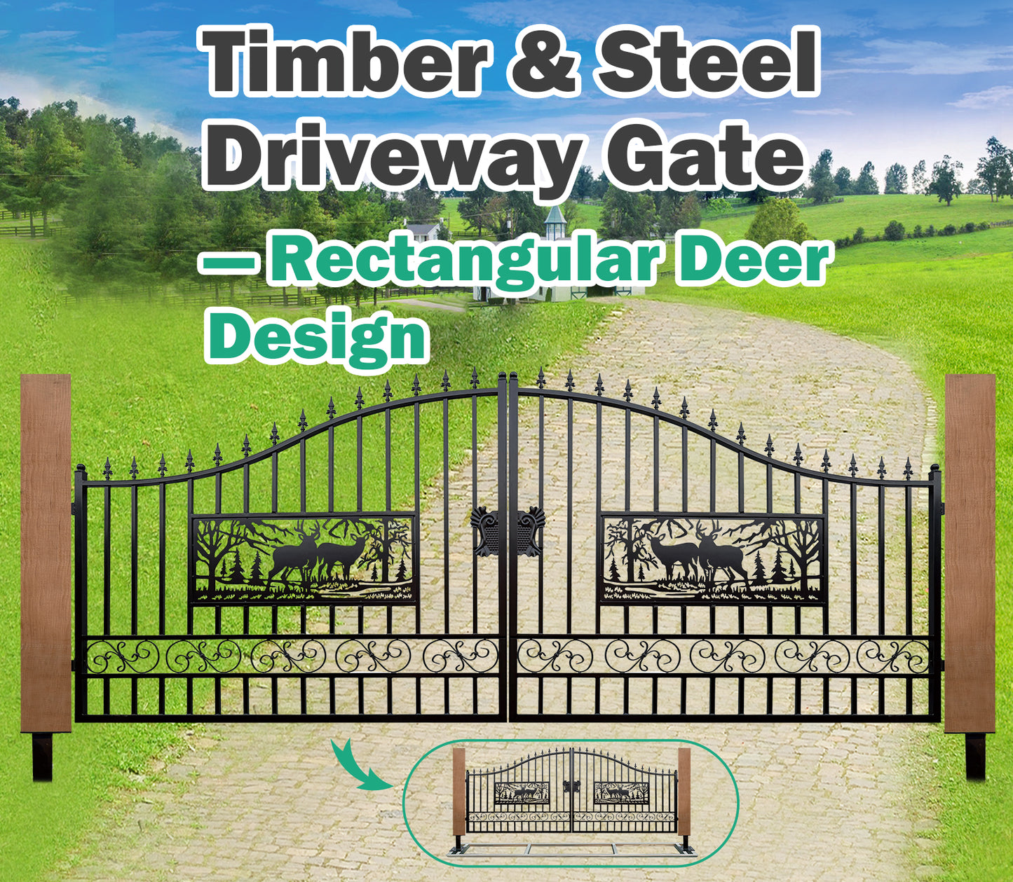 Single Timber Posts Metal Driveway Gate – Rectangular Deer