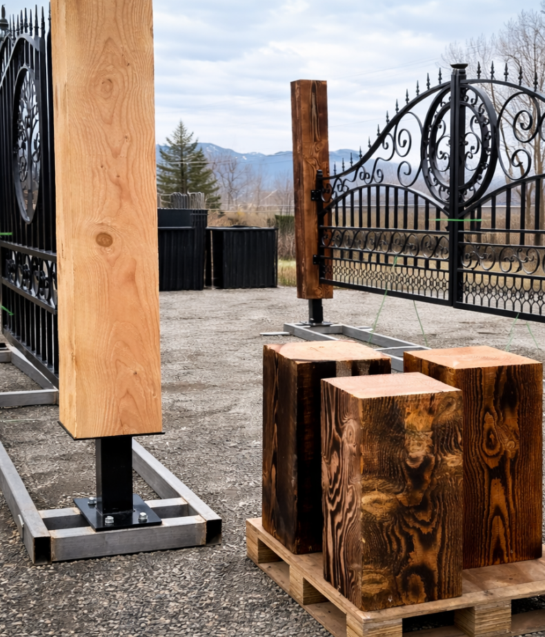 Single Timber Posts Metal Driveway Gate – Scrollwork Construction